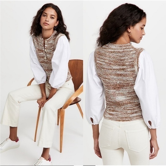 Veronica Beard Sweater Tahlea Mixed Media Puff Sleeve In Metallic Brown